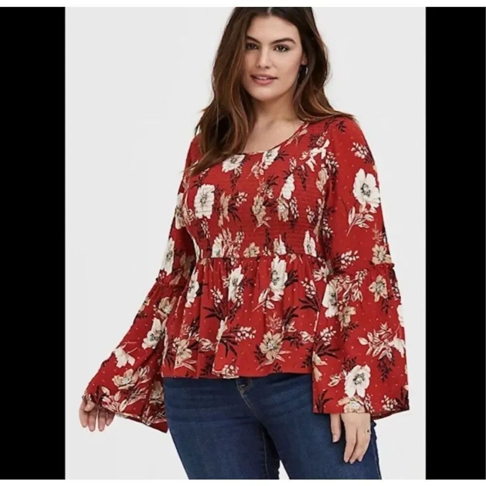 Torrid 1x flowy hippy smocked red floral boho babydoll top